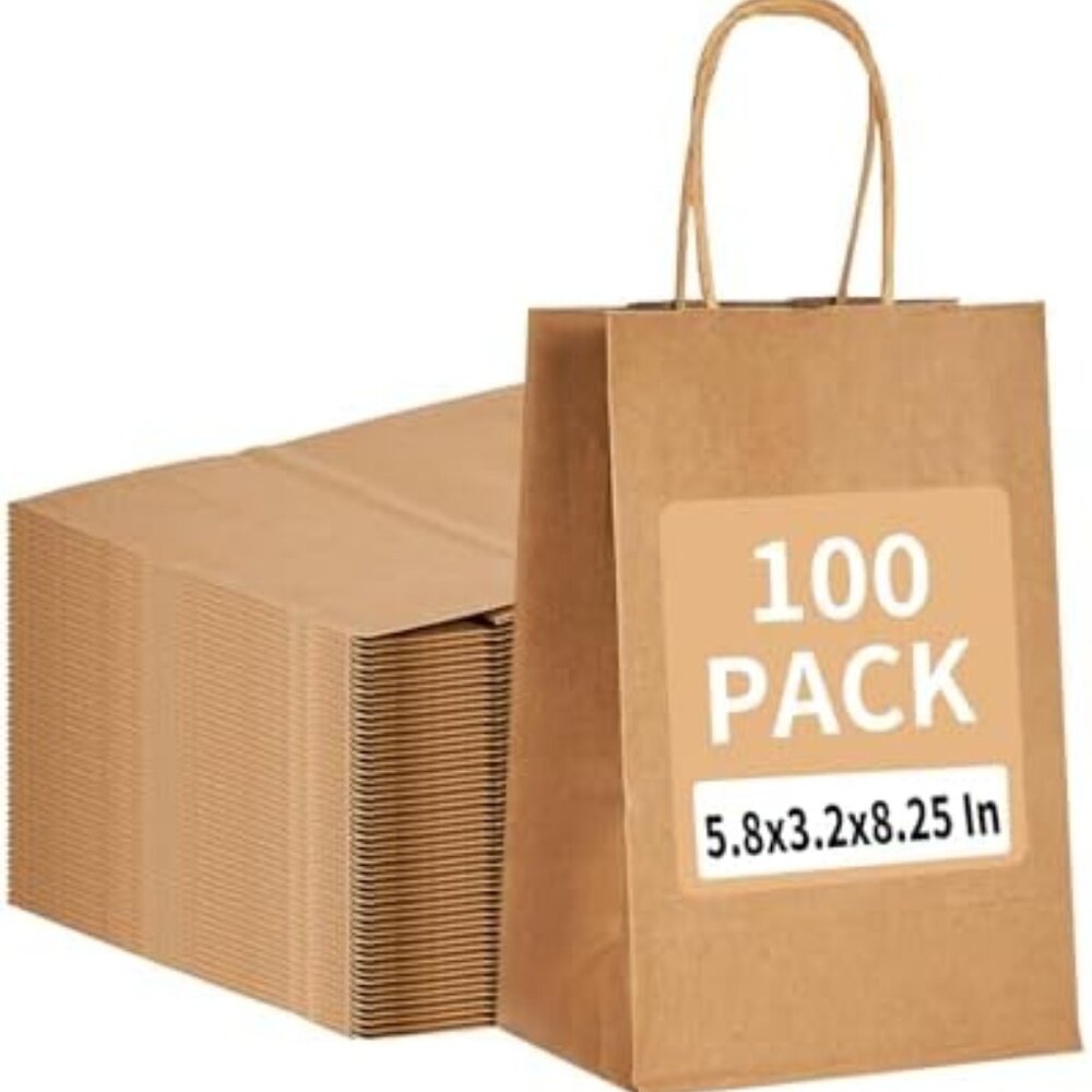 100 Pack 5.8x3.2x8.25 Inch Brown Kraft Paper Gift Bags with Handles - Bulk Small